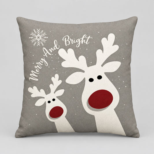 Housse de coussin de Noël Rudolph, deux rennes clairs au nez rouge sur fond Gris, 45x45cm
