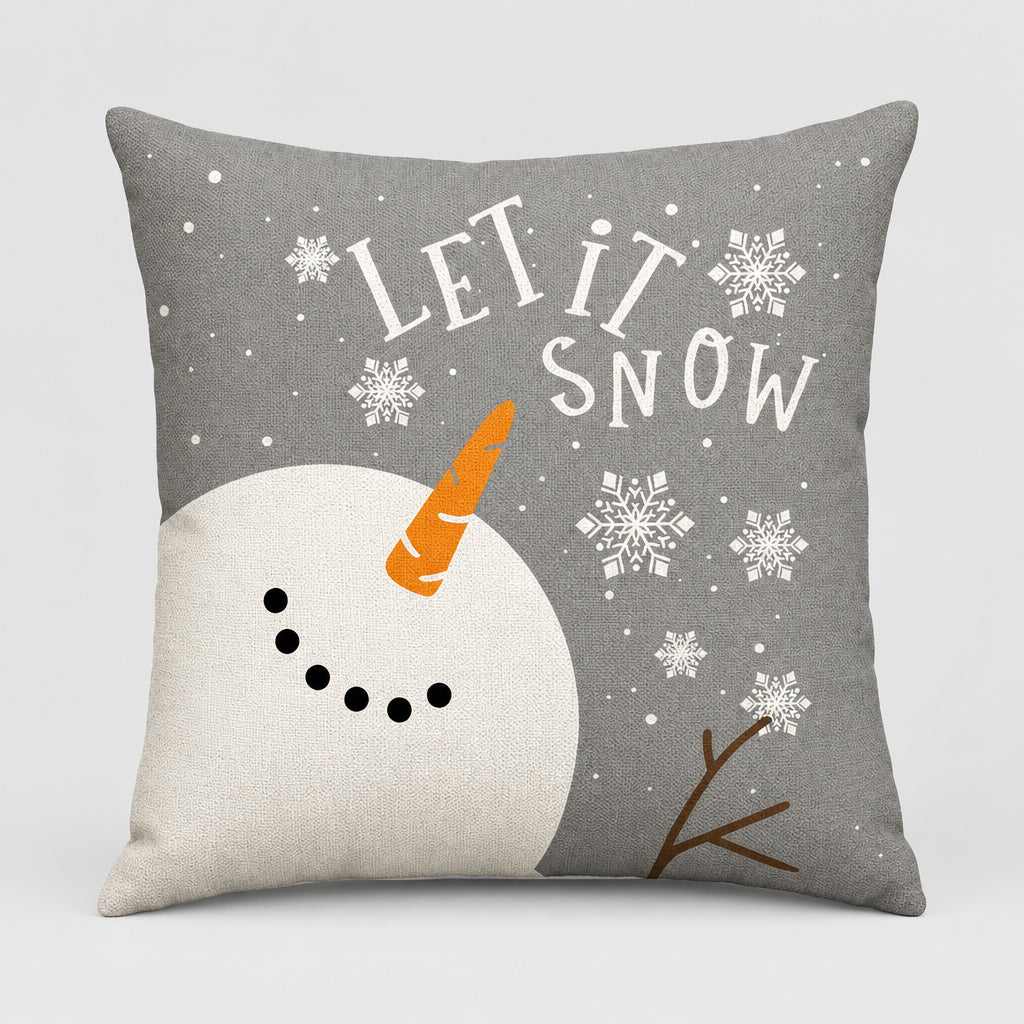 Housse de coussin de Noël Snowman, bonhomme de neige au nez de carotte et message Let it snow sur fond Gris, 45x45cm