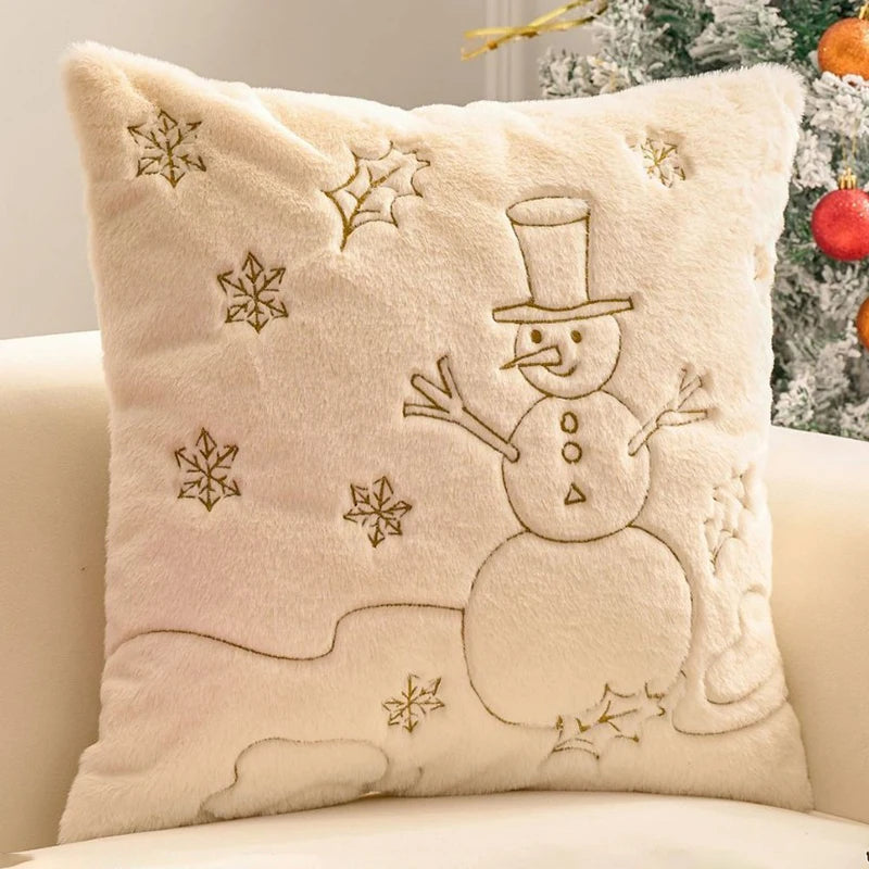 Housse de coussin de Noël Écru avec bonhomme de neige en fil Doré, 45x45cm