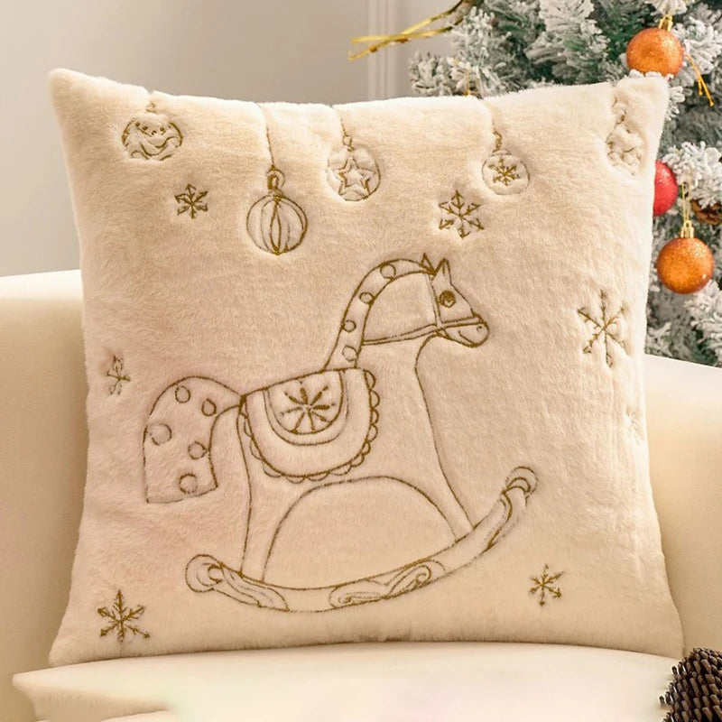 Housse de coussin de Noël Écru avec cheval à bascule en fil Doré, 45x45cm