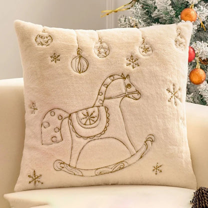 Housse de coussin de Noël Écru avec cheval à bascule en fil Doré, 45x45cm