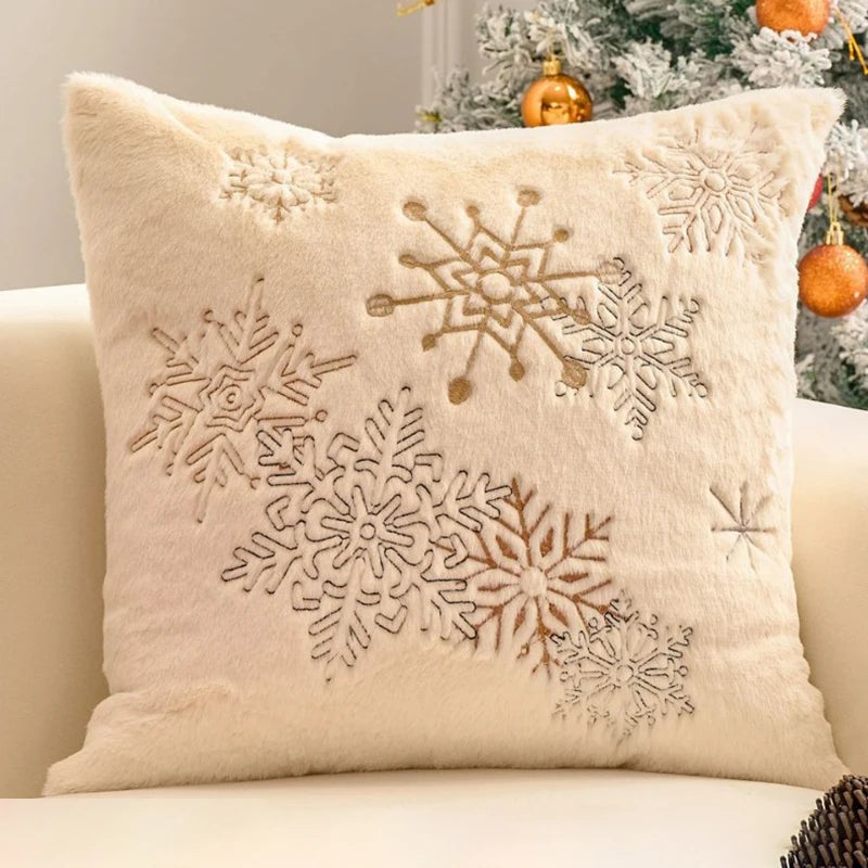 Housse de coussin de Noël Écru avec grands flocons en fil Doré, 45x45cm