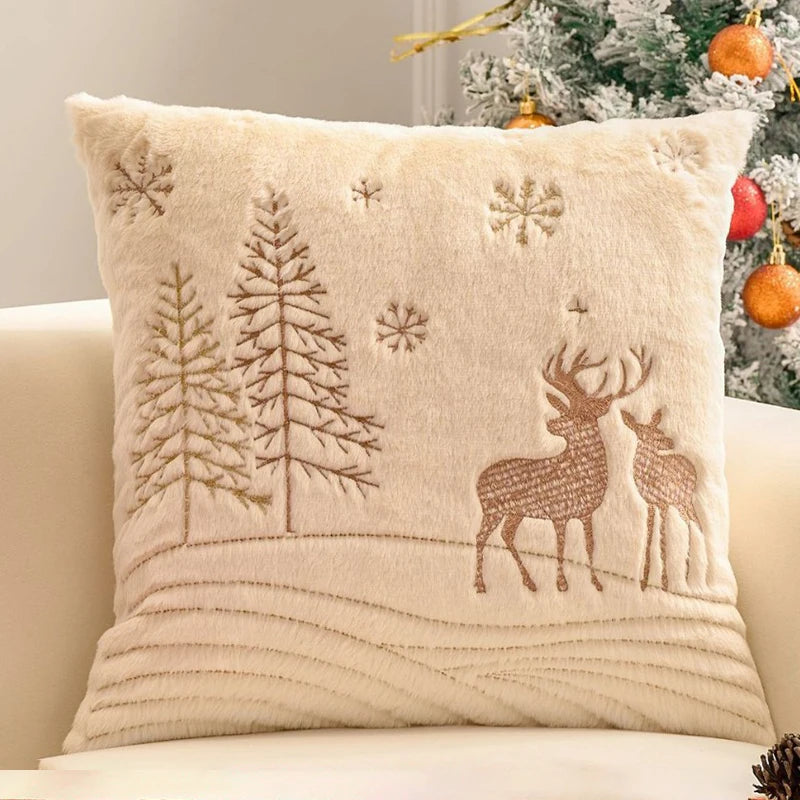 Housse de coussin de Noël Écru avec forêt et deux cerfs en fil Doré, 45x45cm