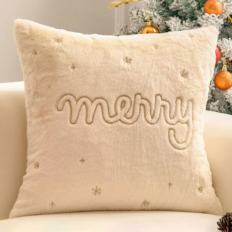 Housse de coussin de Noël Écru avec le mot Merry en lettres cursives, 45x45cm