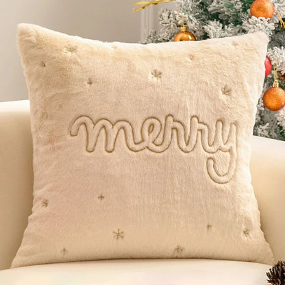 Housse de coussin de Noël Écru avec le mot Merry en lettres cursives, 45x45cm