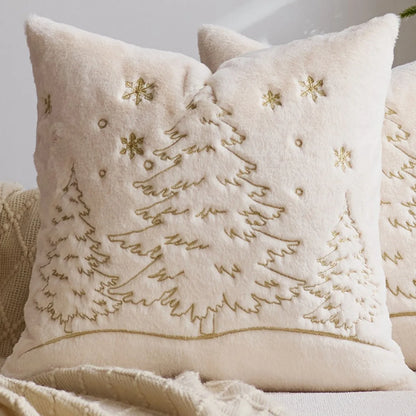 Housse de coussin de Noël Écru avec sapins stylisés en fil Doré, 45x45cm