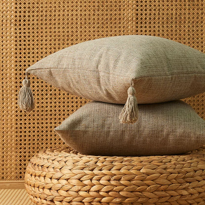 Lot de 2 housses de coussin 45x45<br> Pompons Lin Camel