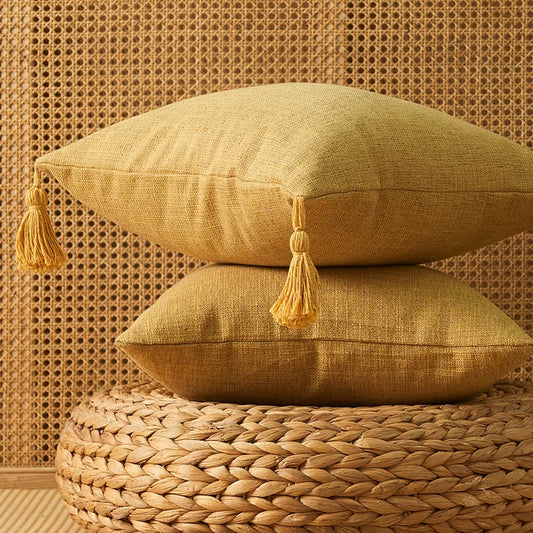 Lot de 2 housses de coussin 45x45<br> Pompon Lin Jaune moutarde