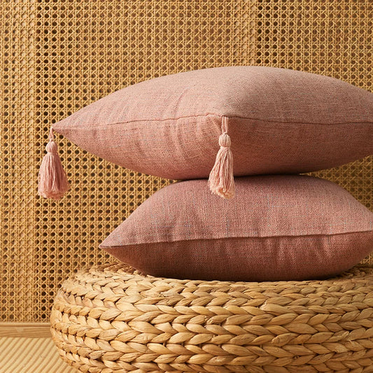 Lot de 2 housses de coussin 45x45<br> Pompons Lin Rose poudré