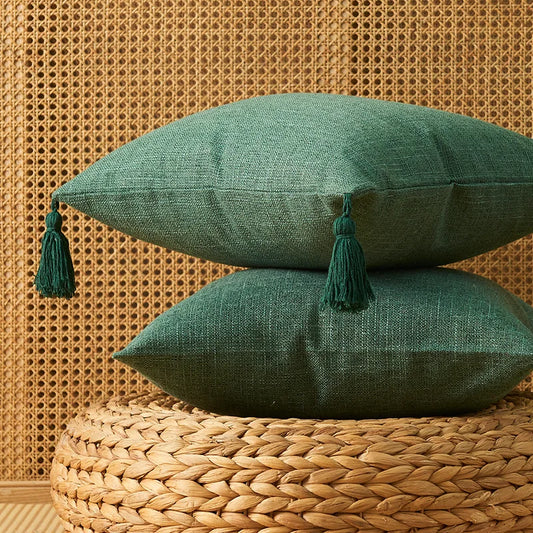 Lot de 2 housses de coussin 45x45<br> Pompons Lin Vert sapin