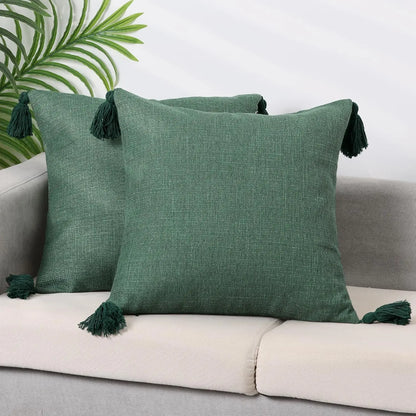 Lot de 2 housses de coussin 45x45<br> Pompons Lin Vert sapin