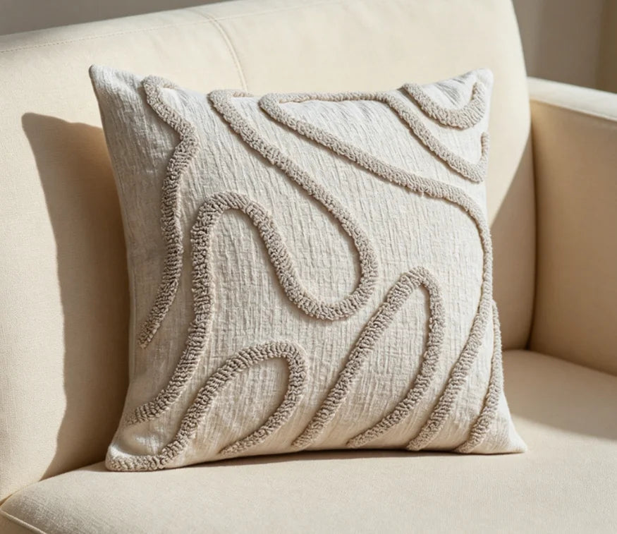 Housse de coussin rectangulaire pompons<br>Chenille - Blanc