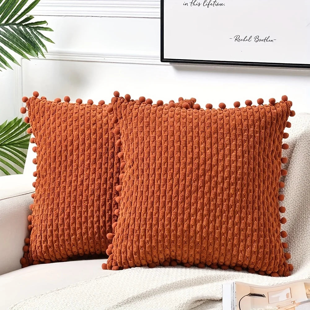 Housse de coussin Terracotta velours 3D à côtes en volume, finition pompons