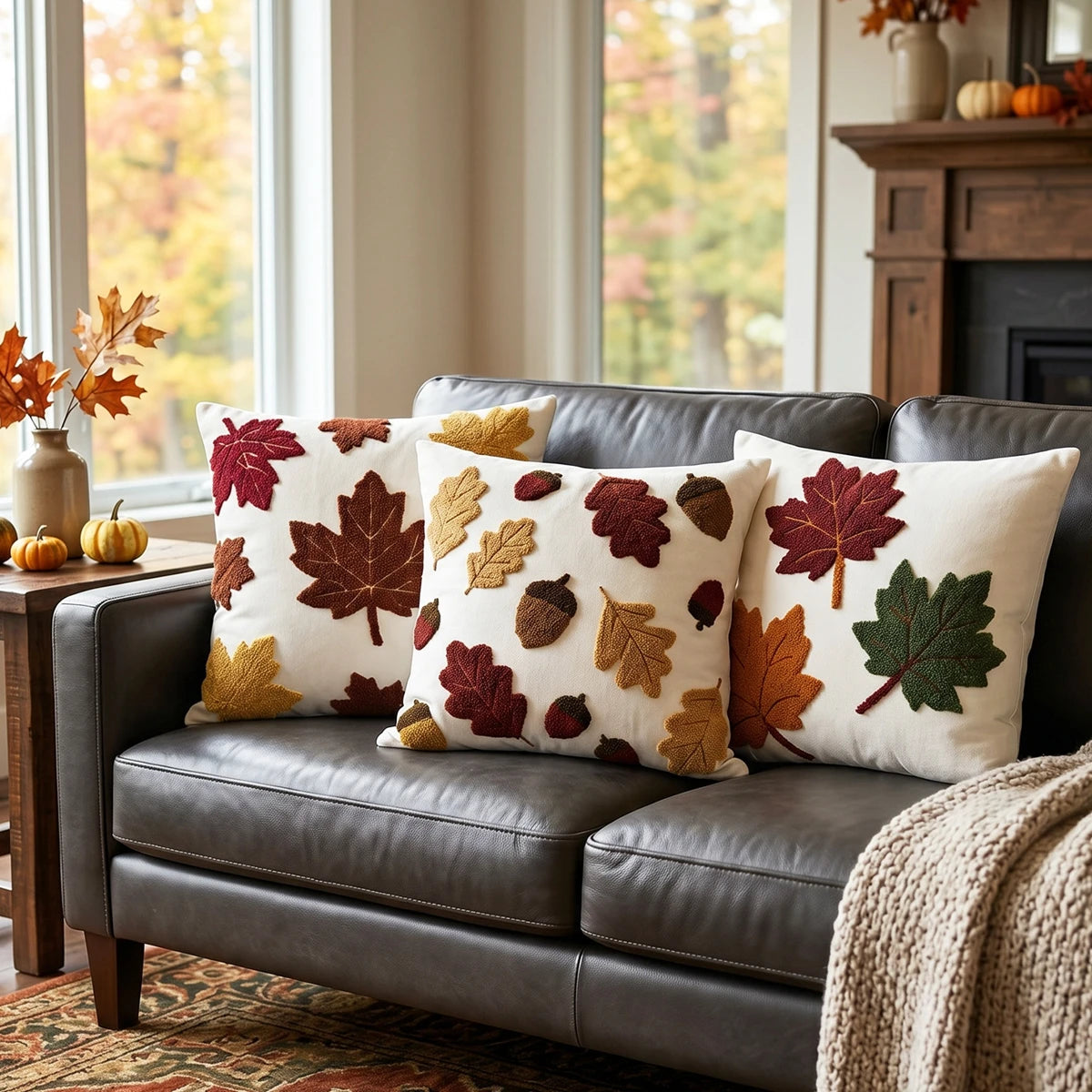 Housses de coussin Feuilles d'Érable et glands sur un canapé en cuir Gris foncé, décor d'automne