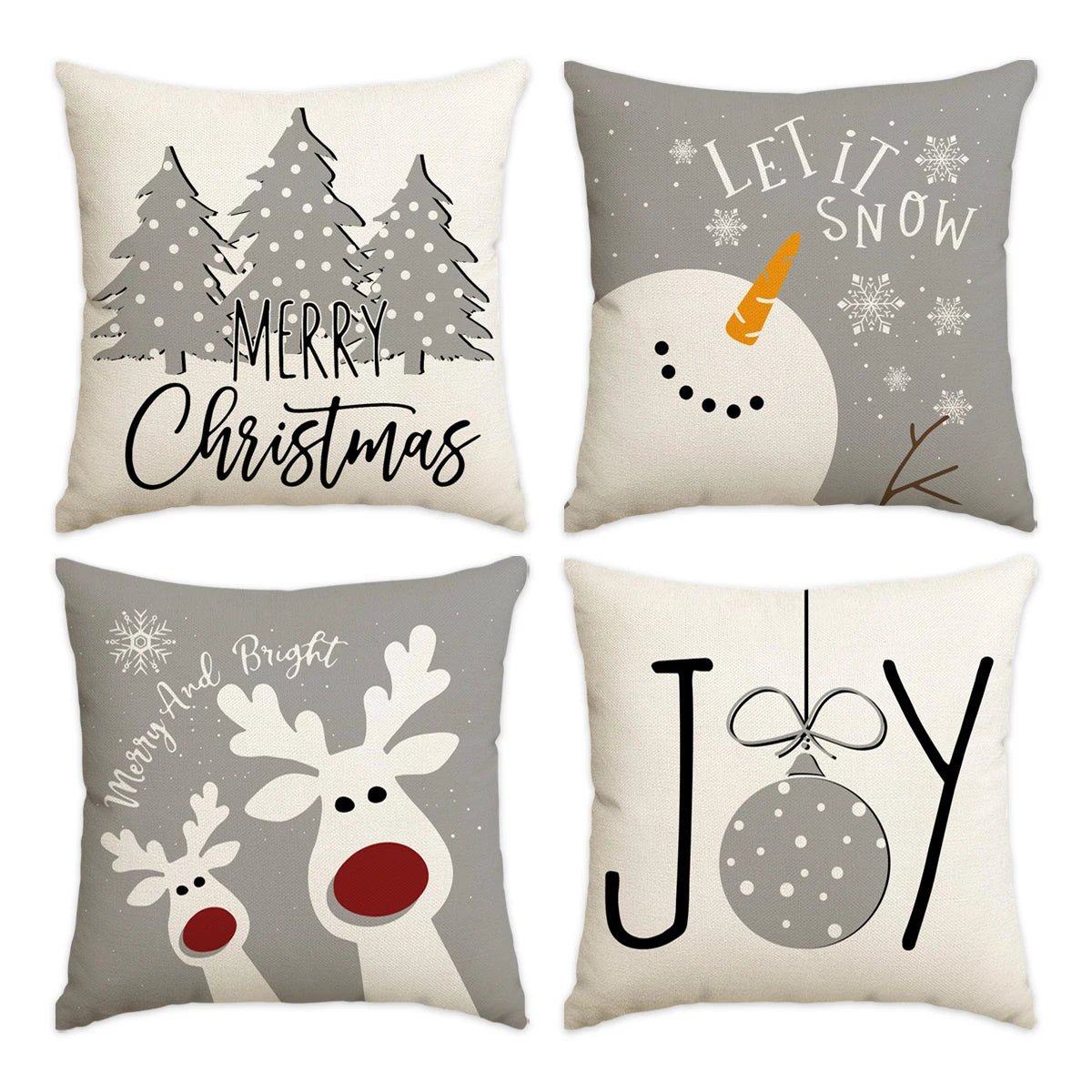 Lot de 4 housses de coussin de Noël Gris et Beige : Pinetree, Snowman, Rudolph et Joy, 45x45cm