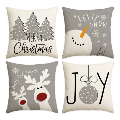 Lot de 4 housses de coussin de Noël Gris et Beige : Pinetree, Snowman, Rudolph et Joy, 45x45cm