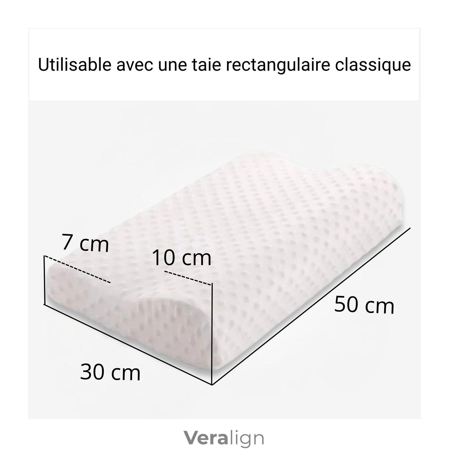 Dimensions de l’oreiller cervical ergonomique 50 x 35 cm avec hauteur double 7 et 10 cm