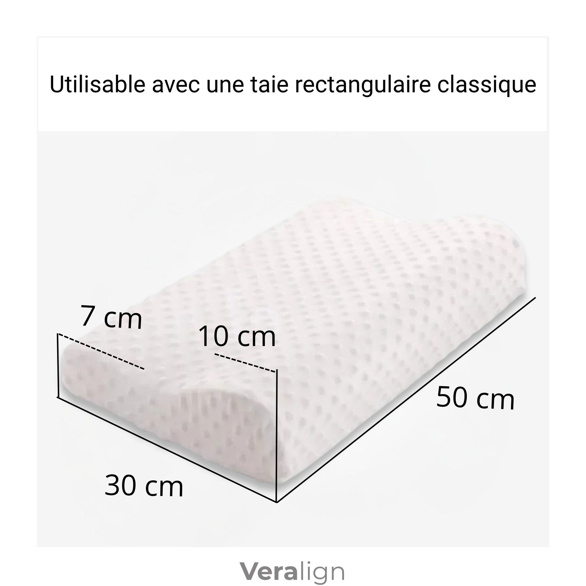 Dimensions de l’oreiller cervical ergonomique 50 x 35 cm avec hauteur double 7 et 10 cm